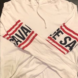 White hoodie with savage on both arms